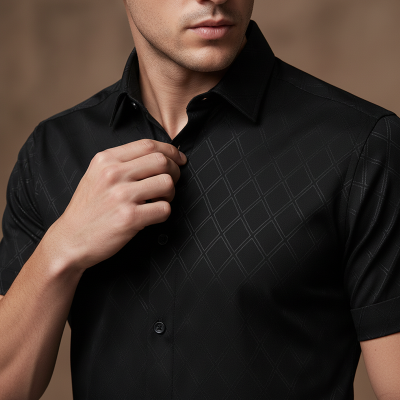 👔 ¡50% DE DESCUENTO POR TIEMPO LIMITADO! ✨ Camisa negra texturizada para hombre – Patrón de diamantes, corte atlético, 8 tallas 🍁