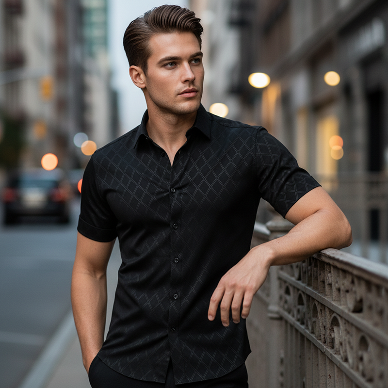 👔 ¡50% DE DESCUENTO POR TIEMPO LIMITADO! ✨ Camisa negra texturizada para hombre – Patrón de diamantes, corte atlético, 8 tallas 🍁