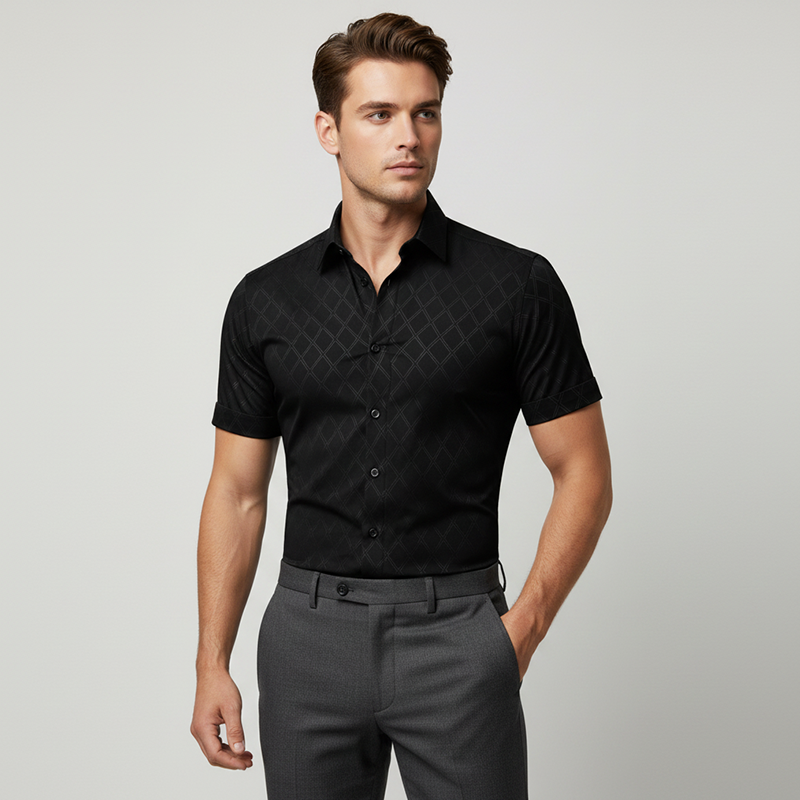 👔 ¡50% DE DESCUENTO POR TIEMPO LIMITADO! ✨ Camisa negra texturizada para hombre – Patrón de diamantes, corte atlético, 8 tallas 🍁