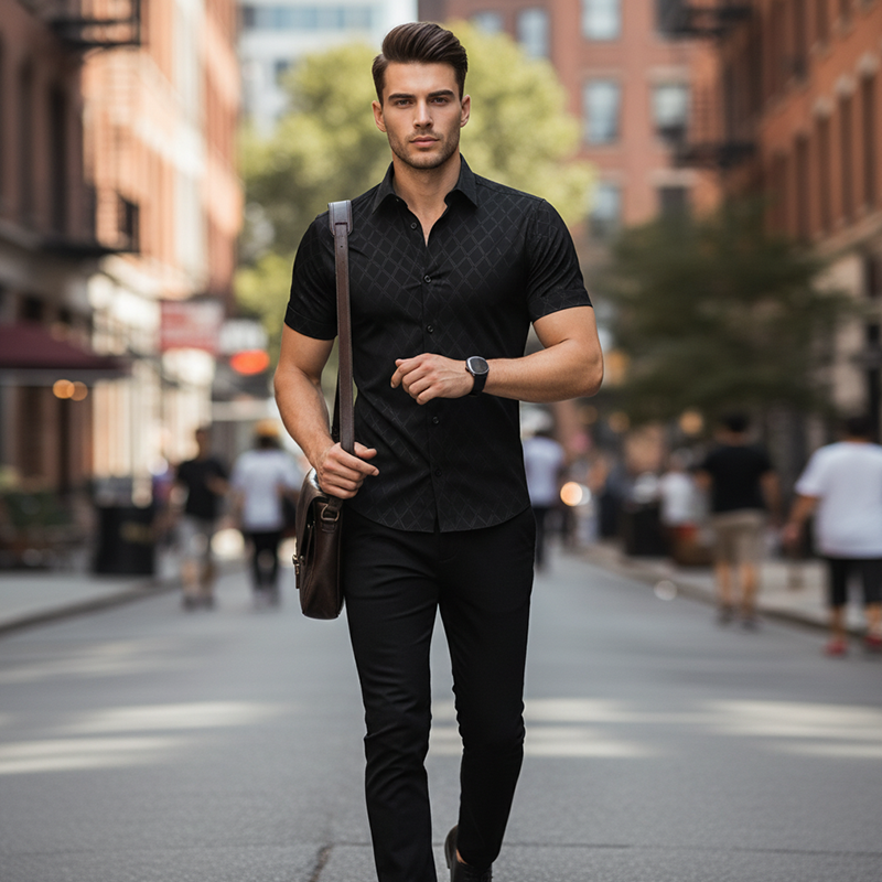 👔 ¡50% DE DESCUENTO POR TIEMPO LIMITADO! ✨ Camisa negra texturizada para hombre – Patrón de diamantes, corte atlético, 8 tallas 🍁