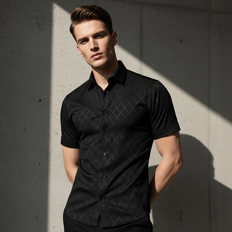 👔 ¡50% DE DESCUENTO POR TIEMPO LIMITADO! ✨ Camisa negra texturizada para hombre – Patrón de diamantes, corte atlético, 8 tallas 🍁
