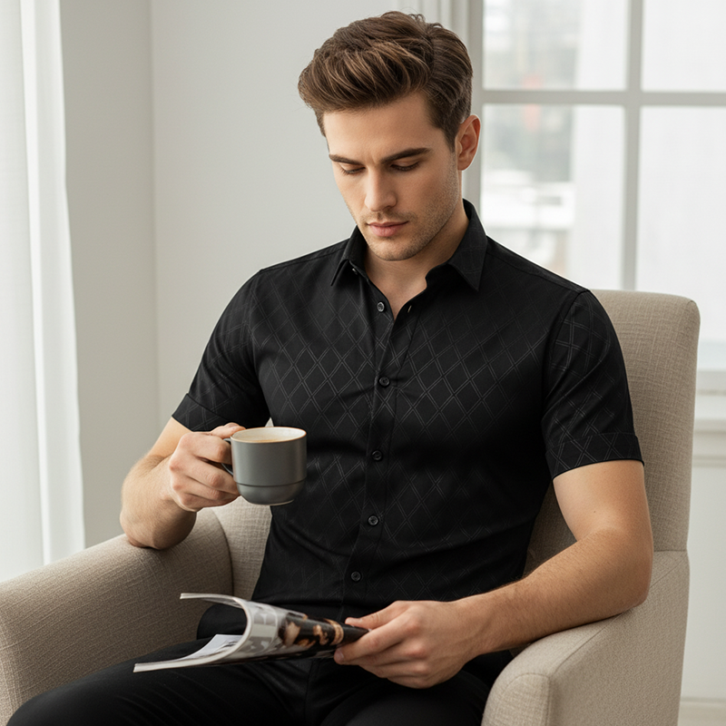 👔 ¡50% DE DESCUENTO POR TIEMPO LIMITADO! ✨ Camisa negra texturizada para hombre – Patrón de diamantes, corte atlético, 8 tallas 🍁