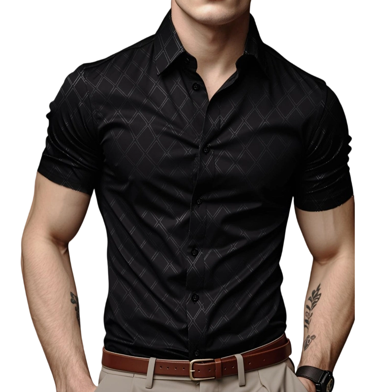 👔 ¡50% DE DESCUENTO POR TIEMPO LIMITADO! ✨ Camisa negra texturizada para hombre – Patrón de diamantes, corte atlético, 8 tallas 🍁