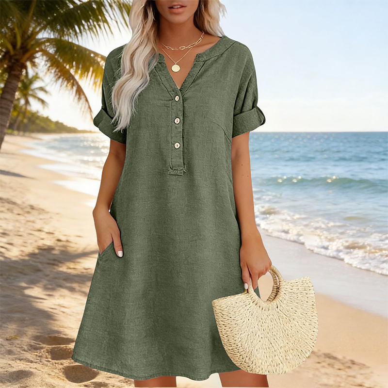 🌸✨ ¡OFERTA 50% OFF! Vestido Túnica con Cuello en V y Bolsillos – Comodidad y Estilo Diario