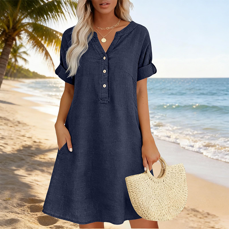 🌸✨ ¡OFERTA 50% OFF! Vestido Túnica con Cuello en V y Bolsillos – Comodidad y Estilo Diario