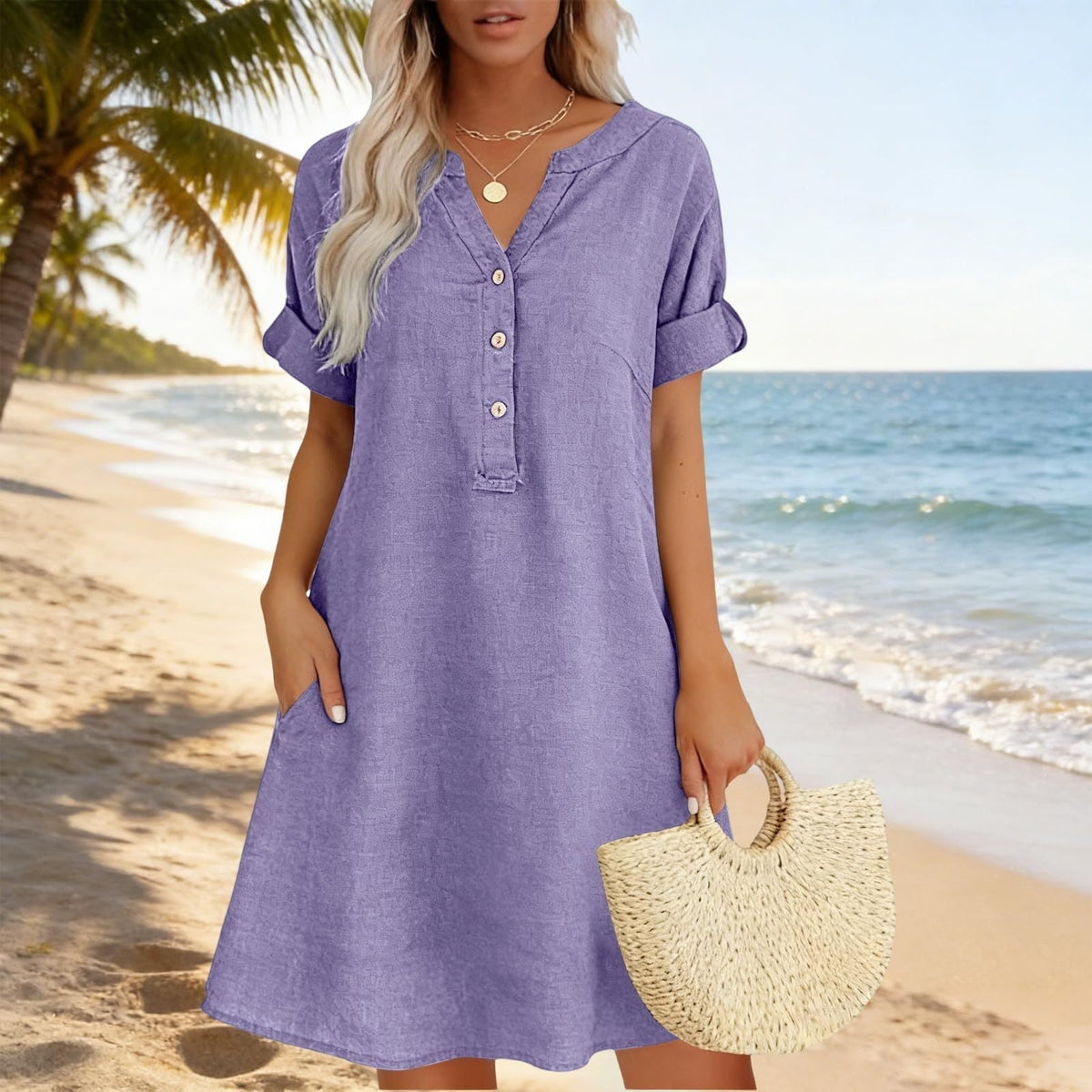 🌸✨ ¡OFERTA 50% OFF! Vestido Túnica con Cuello en V y Bolsillos – Comodidad y Estilo Diario