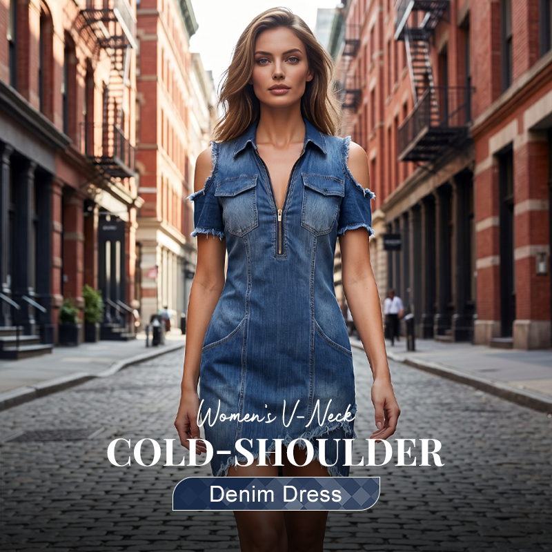 👖 ¡TIEMPO LIMITADO 50% DE DESCUENTO! ✨ Vestido vaquero de hombro frío para mujer – escote en V, fluido, boho 🌼