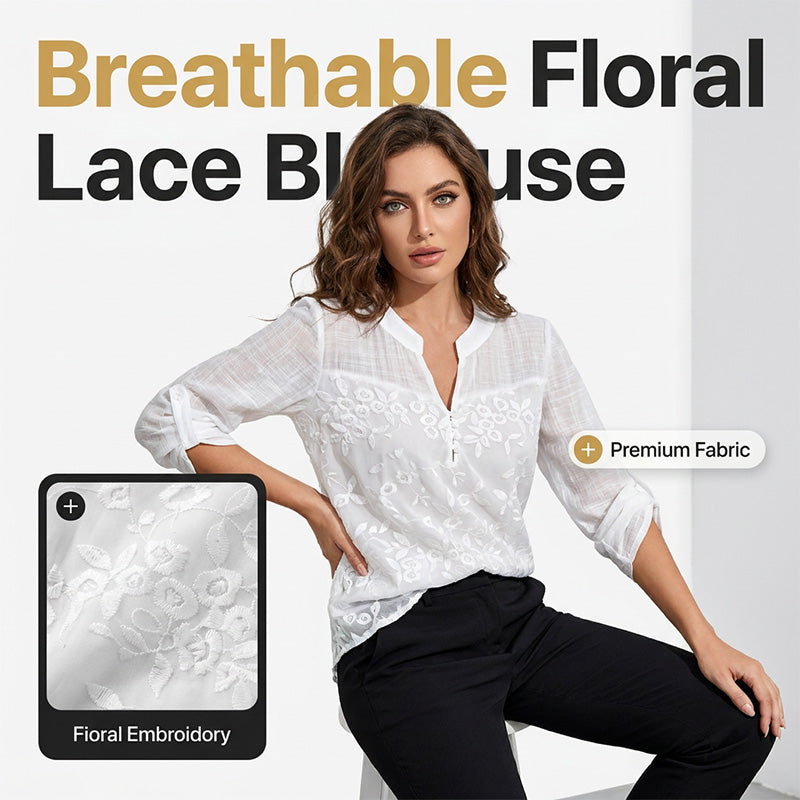 👚 ¡TIEMPO LIMITADO 50% DE DESCUENTO! ✨ Blusa de encaje con escote en V – bordada, mangas remangadas, elegante 🌸 sin esfuerzo