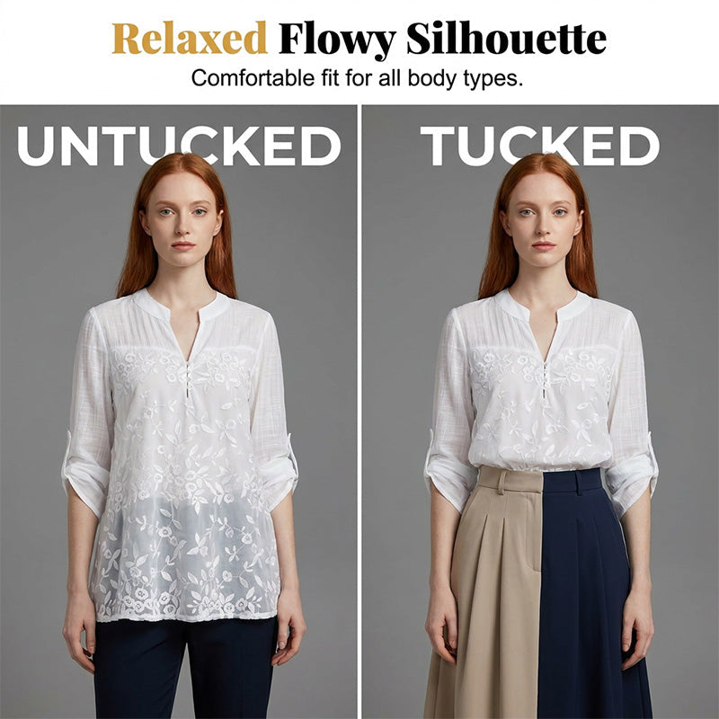 👚 ¡TIEMPO LIMITADO 50% DE DESCUENTO! ✨ Blusa de encaje con escote en V – bordada, mangas remangadas, elegante 🌸 sin esfuerzo