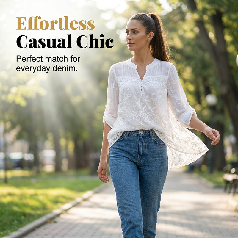 👚 ¡TIEMPO LIMITADO 50% DE DESCUENTO! ✨ Blusa de encaje con escote en V – bordada, mangas remangadas, elegante 🌸 sin esfuerzo