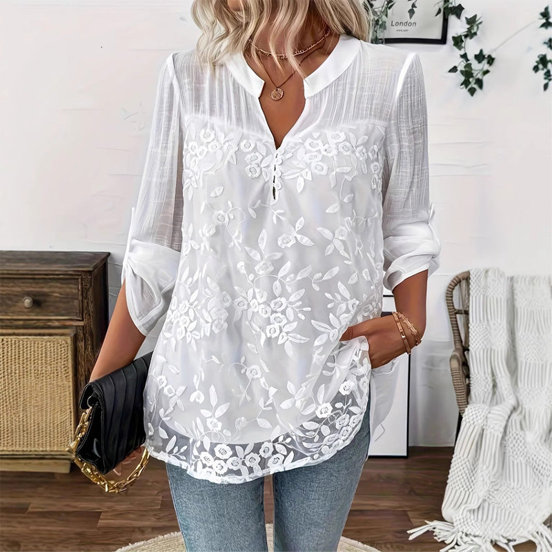 👚 ¡TIEMPO LIMITADO 50% DE DESCUENTO! ✨ Blusa de encaje con escote en V – bordada, mangas remangadas, elegante 🌸 sin esfuerzo