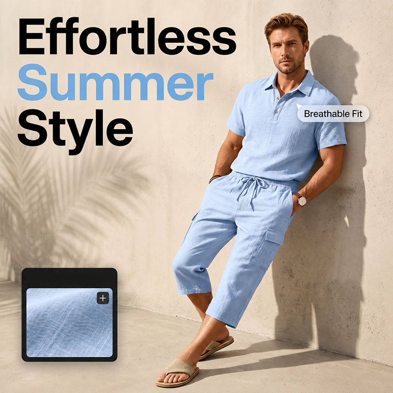 Conjunto de Lino de Verano para Hombre - Camisa Suelta y Shorts Cargo de Dos Piezas