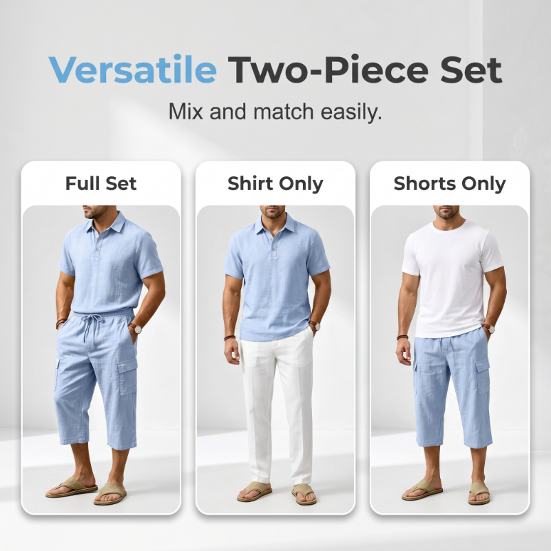 Conjunto de Lino de Verano para Hombre - Camisa Suelta y Shorts Cargo de Dos Piezas