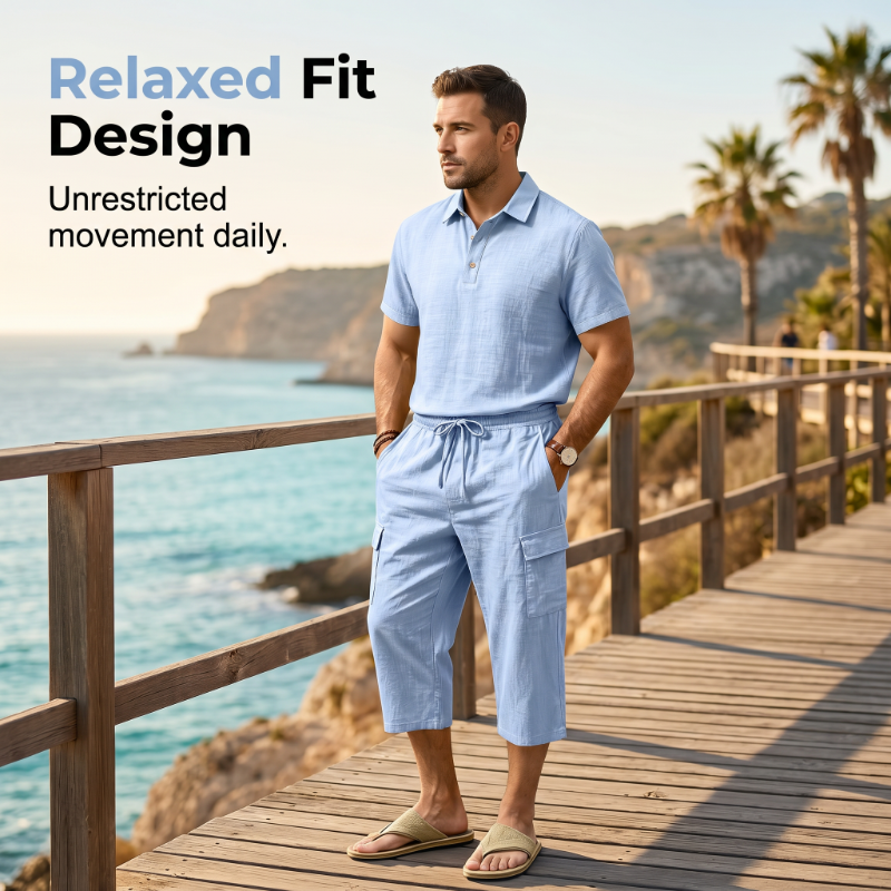 Conjunto de Lino de Verano para Hombre - Camisa Suelta y Shorts Cargo de Dos Piezas
