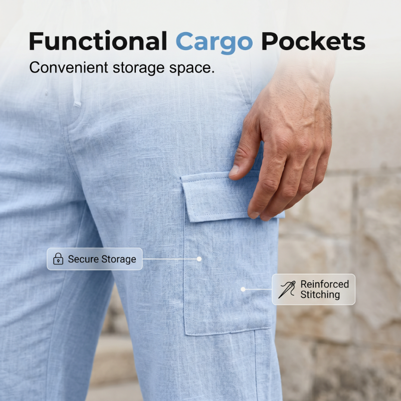 Conjunto de Lino de Verano para Hombre - Camisa Suelta y Shorts Cargo de Dos Piezas