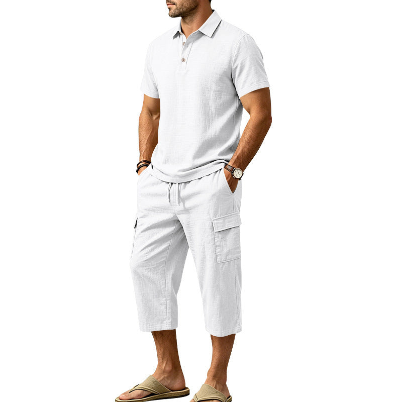 Conjunto de Lino de Verano para Hombre - Camisa Suelta y Shorts Cargo de Dos Piezas