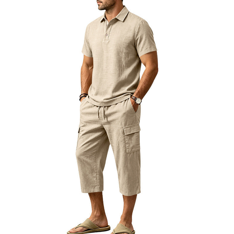 Conjunto de Lino de Verano para Hombre - Camisa Suelta y Shorts Cargo de Dos Piezas
