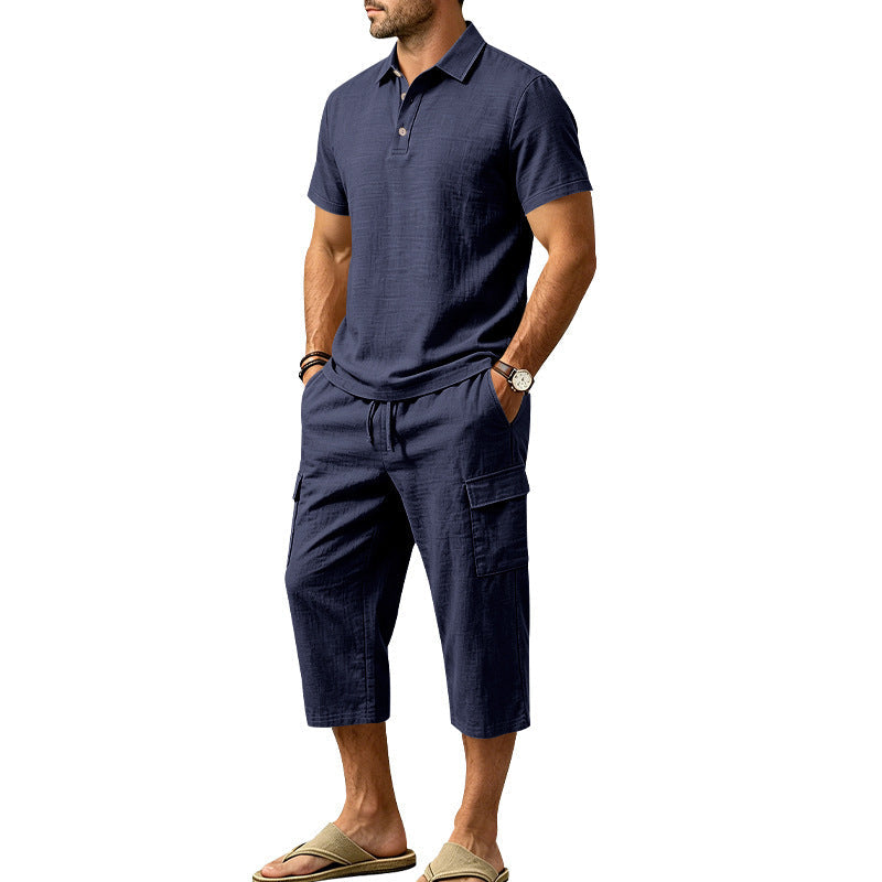 Conjunto de Lino de Verano para Hombre - Camisa Suelta y Shorts Cargo de Dos Piezas