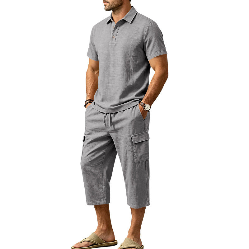 Conjunto de Lino de Verano para Hombre - Camisa Suelta y Shorts Cargo de Dos Piezas