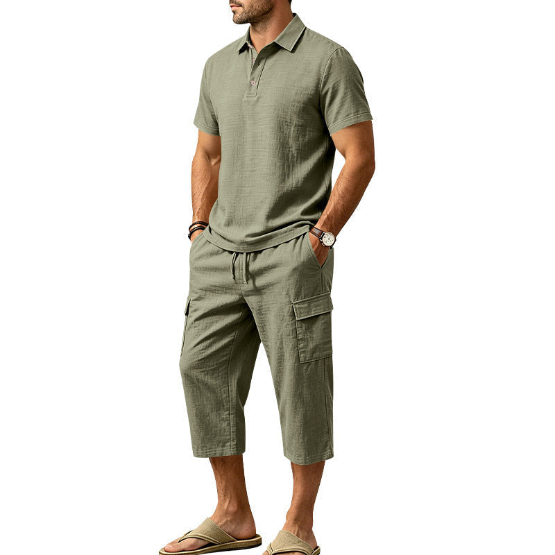 Conjunto de Lino de Verano para Hombre - Camisa Suelta y Shorts Cargo de Dos Piezas
