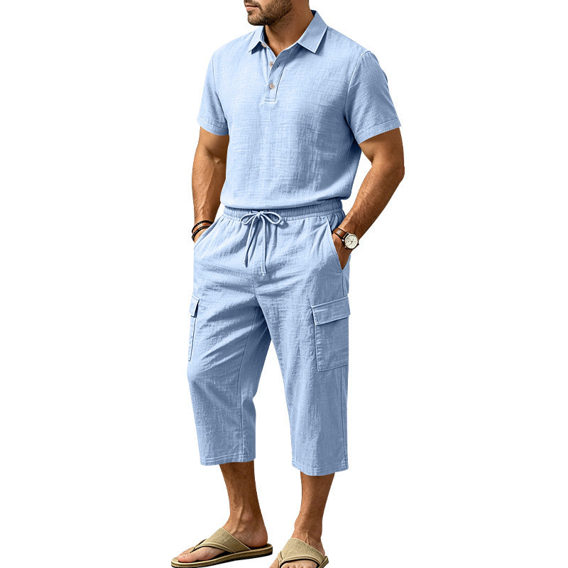 Conjunto de Lino de Verano para Hombre - Camisa Suelta y Shorts Cargo de Dos Piezas