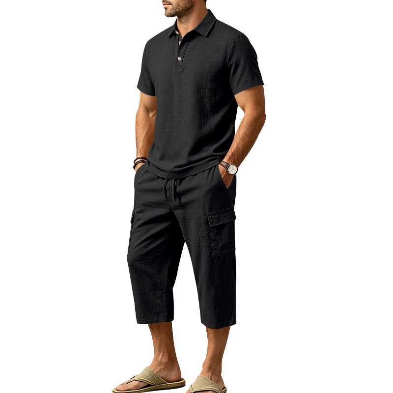 Conjunto de Lino de Verano para Hombre - Camisa Suelta y Shorts Cargo de Dos Piezas