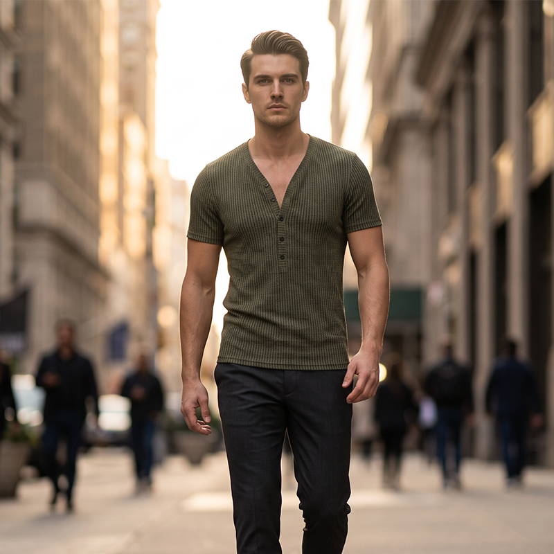 🎉 ¡OFERTA LIMITADA 50% OFF! 👕 Camiseta Transpirable – Diseño Clásico Cuello V Henley & Tela Premium de Poliéster 💪