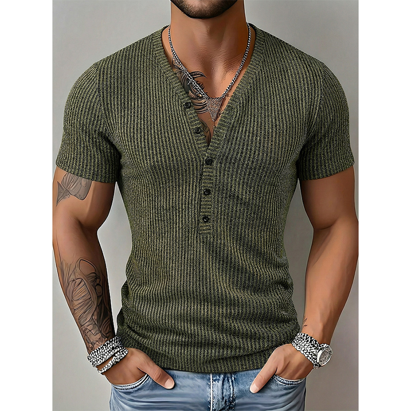 🎉 ¡OFERTA LIMITADA 50% OFF! 👕 Camiseta Transpirable – Diseño Clásico Cuello V Henley & Tela Premium de Poliéster 💪