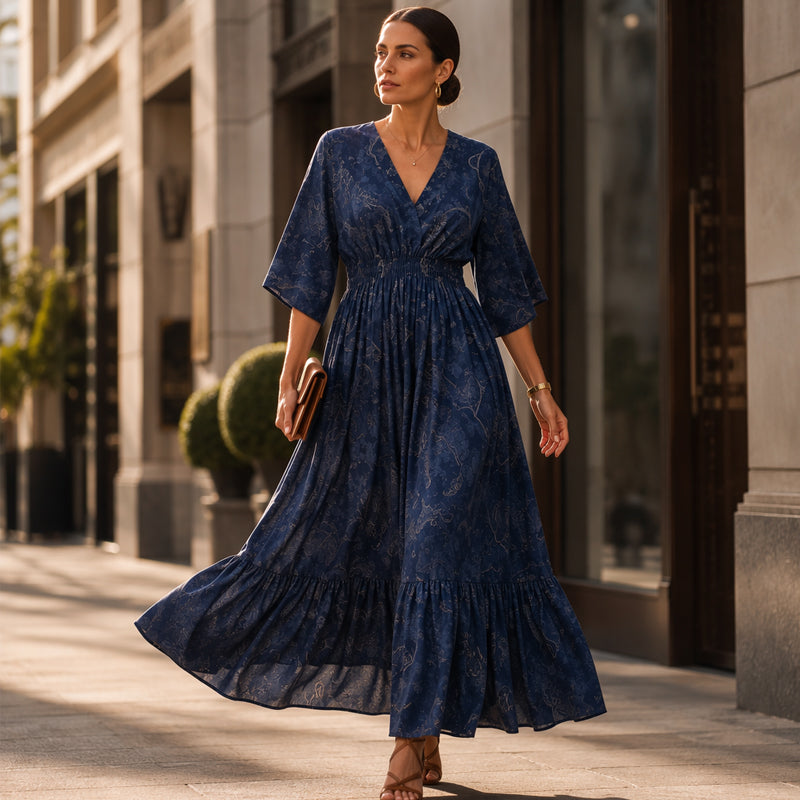 Vestido Estampado Elegante con Escote en V para Mujer
