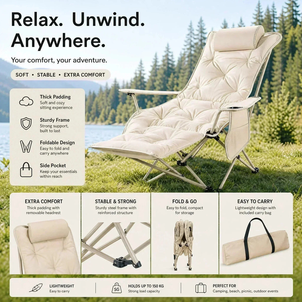 🪑 50% OFF 🔥 Silla Reclinable Plegable – ¡+50K Vendidos! 4 Posiciones, Patas Extensibles y Soporta 300 lbs para Camping y Playa 🏕️✨