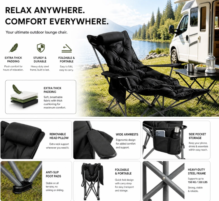 🪑 50% OFF 🔥 Silla Reclinable Plegable – ¡+50K Vendidos! 4 Posiciones, Patas Extensibles y Soporta 300 lbs para Camping y Playa 🏕️✨