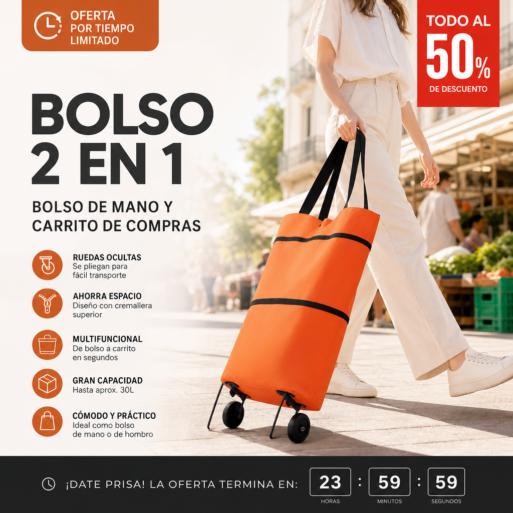 🛒✨ ¡OFERTA 50% OFF! Carrito de Compra Plegable 2 en 1 – Bolsa Portátil de Gran Capacidad 30L para Supermercado, Viajes y Uso Diario 🌿💪
